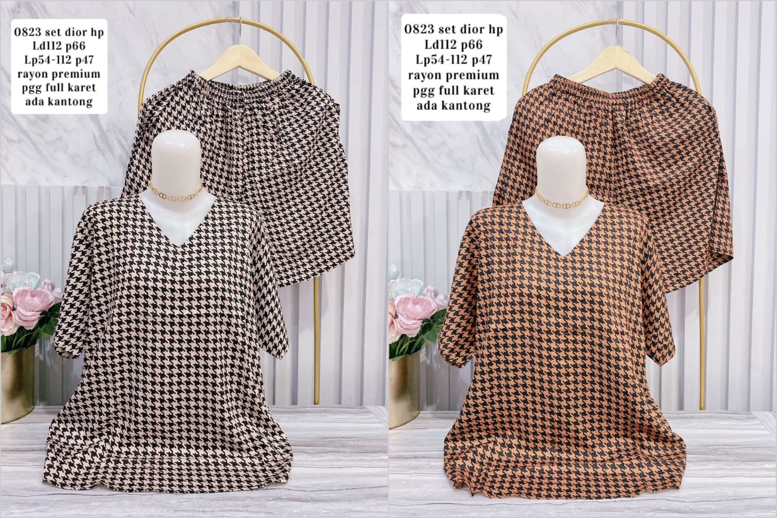 0823 Setelan Houndstooth Vneck