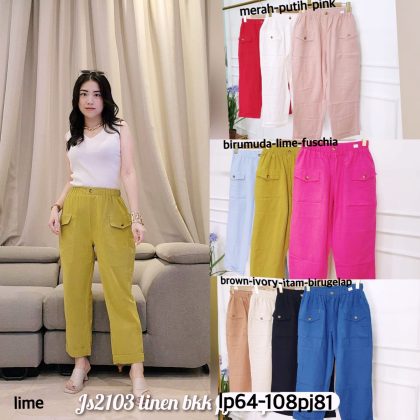 2103 Celana Kulot Cargo bahan Linen Maddie